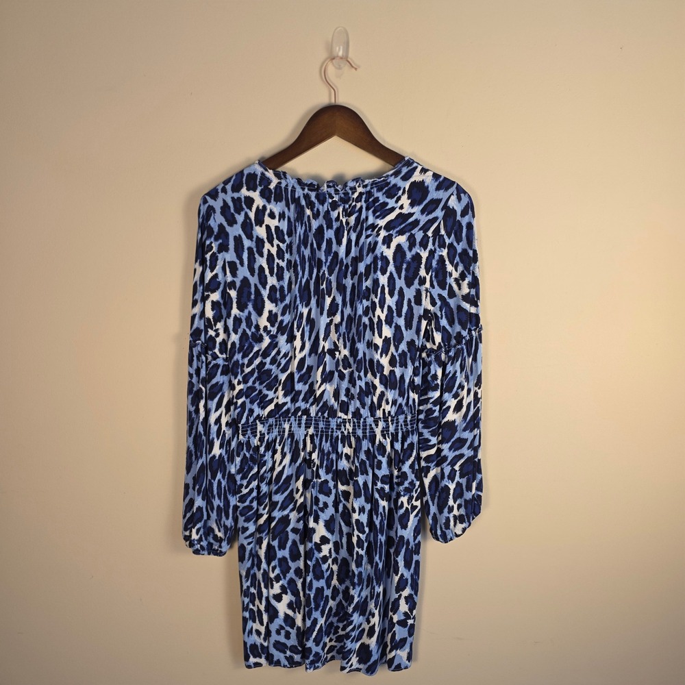 Crown & Ivy Dress Womens Small Blue Leopard Print Long Balloon Sleeve Mini Boho - Picture 6 of 12